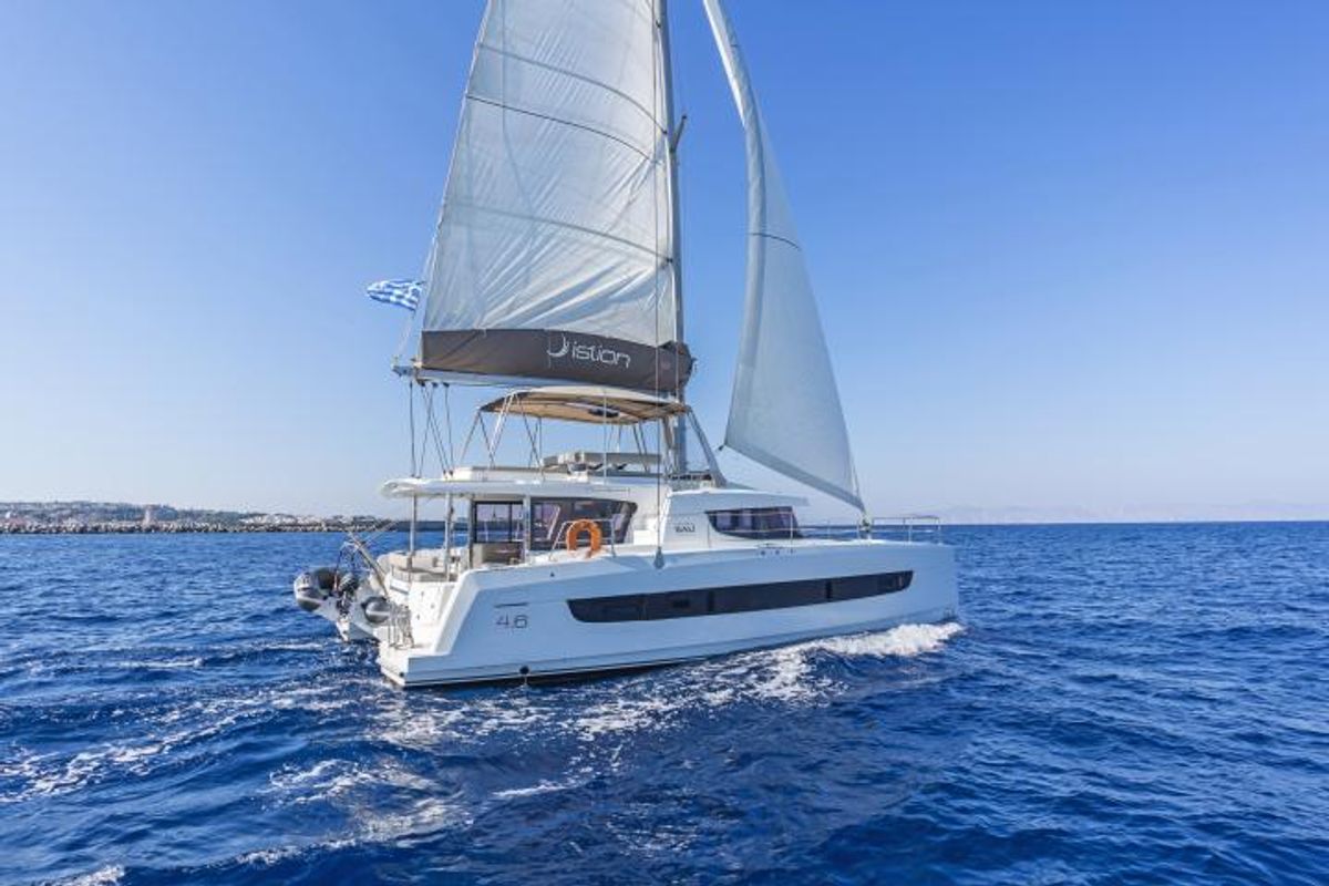 Exterior view of Aria, a Bali 4.6 catamaran at Municipal Unit of Lefkada, Greece