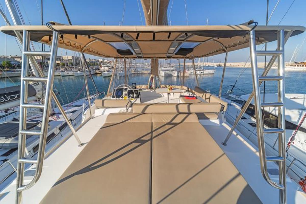 Deck of Aria, a Bali 4.6 catamaran at Municipal Unit of Lefkada, Greece