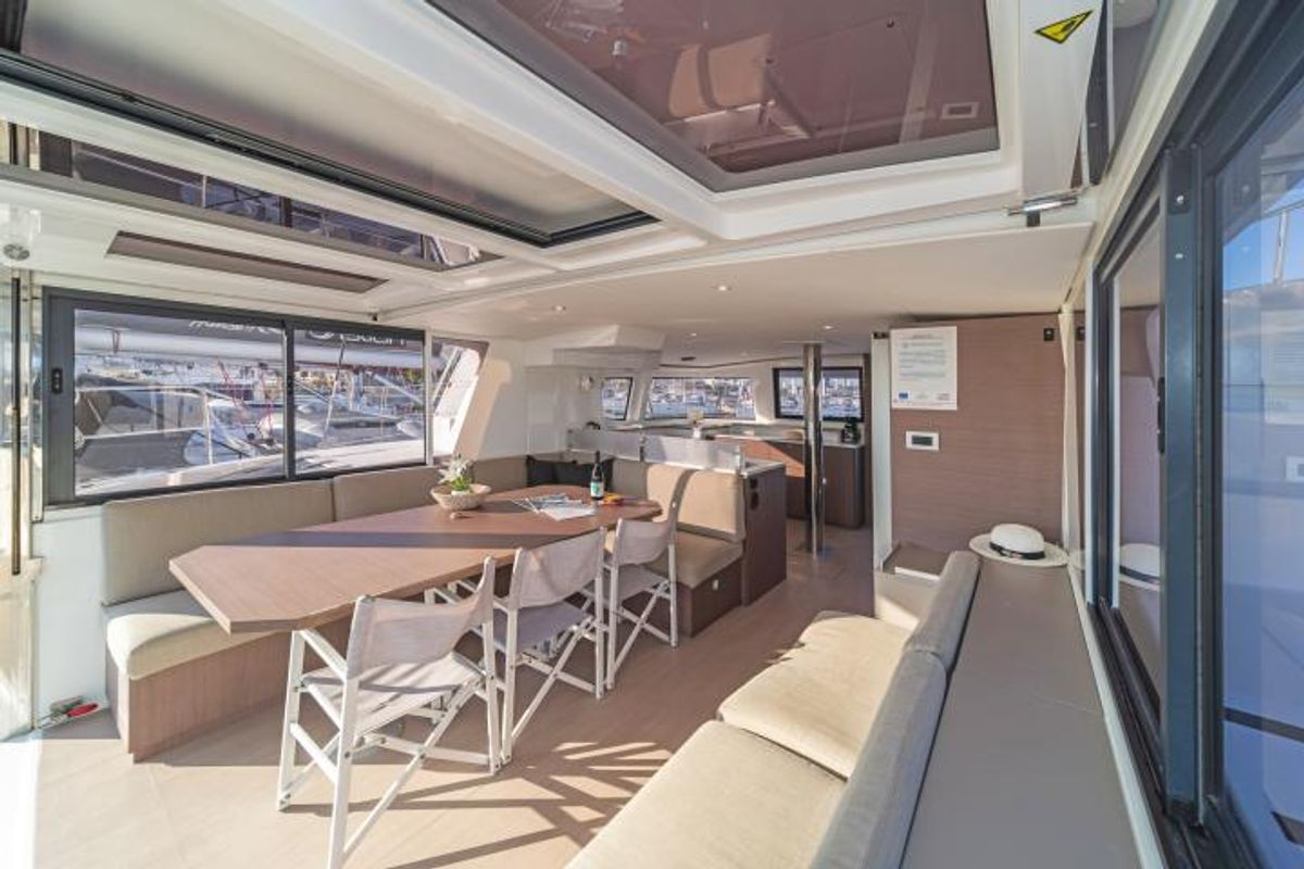 Salon of Aria, a Bali 4.6 catamaran at Municipal Unit of Lefkada, Greece
