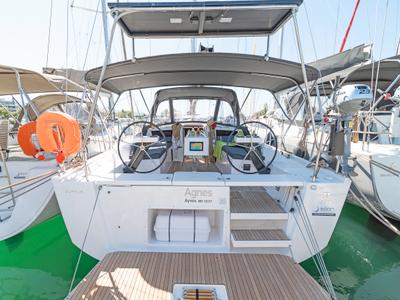 Cockpit of Agnes, a Dufour 390 sailboat at Kos, Greece