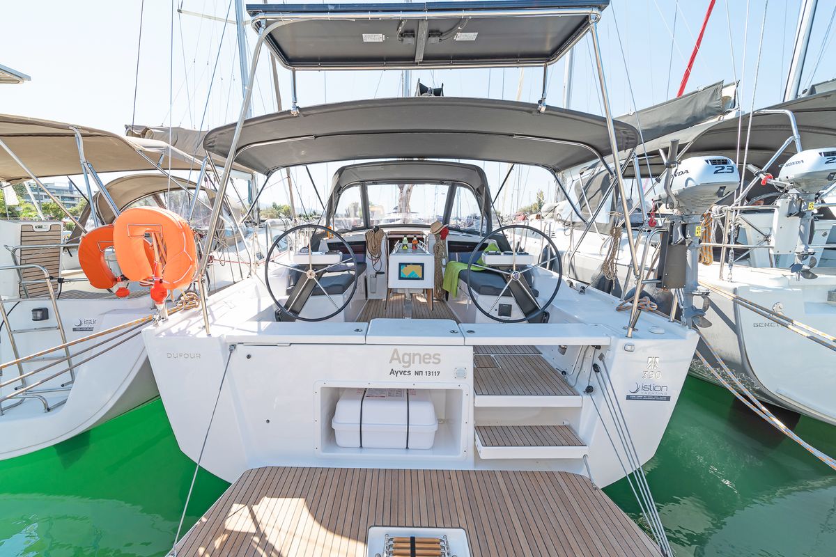 Cockpit of Agnes, a Dufour 390 sailboat at Kos, Greece