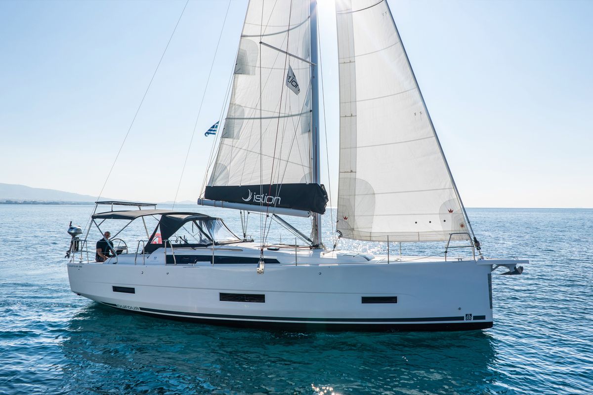 Exterior view of Agnes, a Dufour 390 sailboat at Kos, Greece