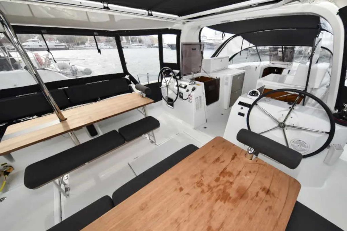 Cockpit of New Horizons II, a Jeanneau Sun Loft 47 sailboat at La Favière, France