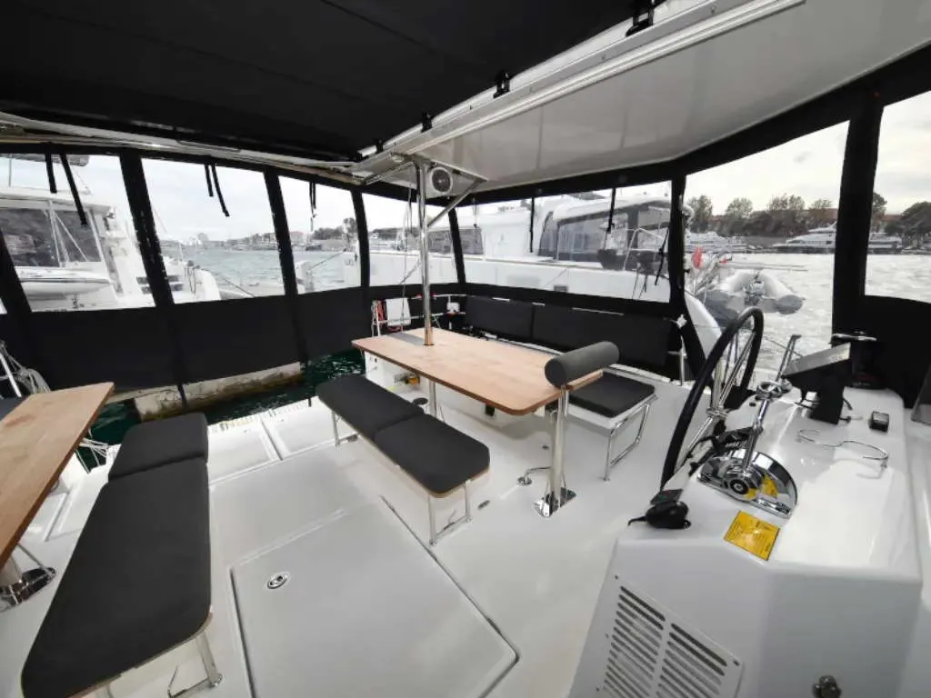 Deck of New Horizons II, a Jeanneau Sun Loft 47 sailboat at La Favière, France
