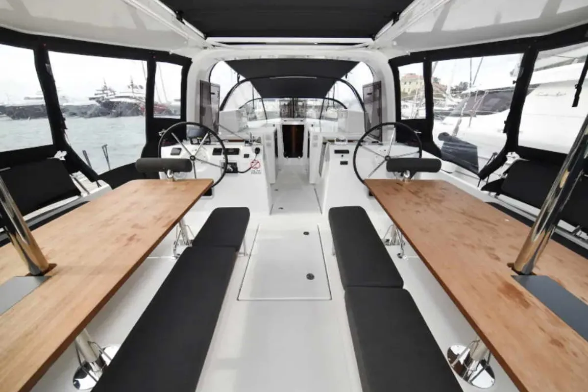 Deck of New Horizons II, a Jeanneau Sun Loft 47 sailboat at La Favière, France