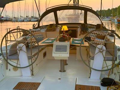 Cockpit of Aquilo, a Bavaria Cruiser 46 sailboat at Preveza, Greece
