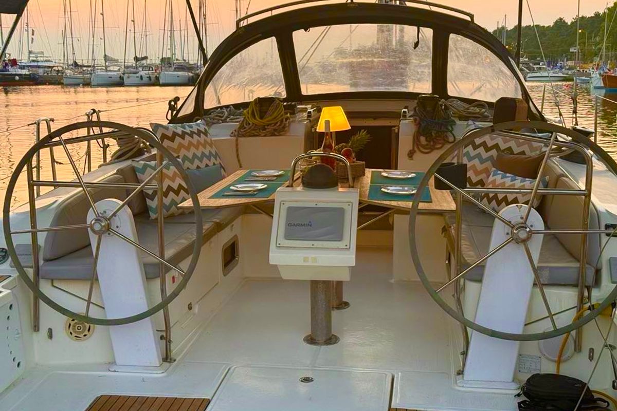 Cockpit of Aquilo, a Bavaria Cruiser 46 sailboat at Preveza, Greece