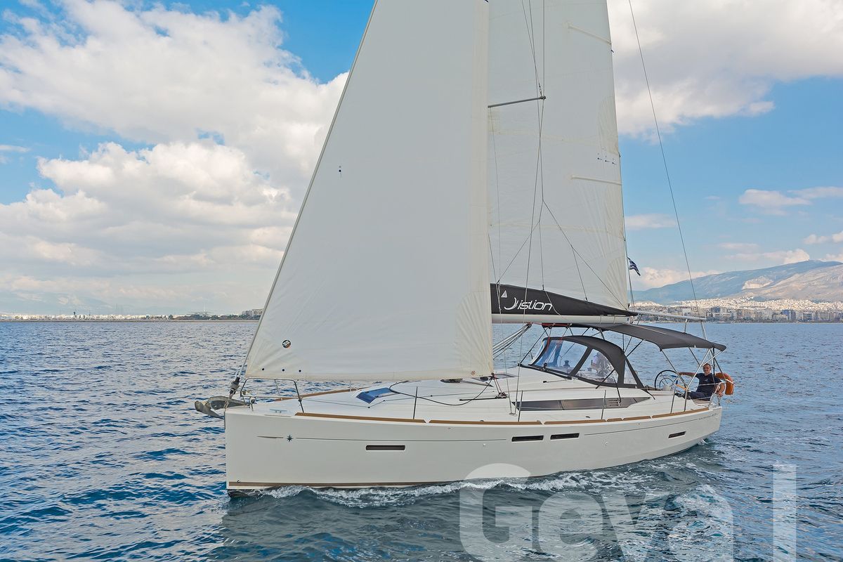Exterior view of Geva I, a Jeanneau Sun Odyssey 419 sailboat at Municipal Unit of Rhodes, Greece