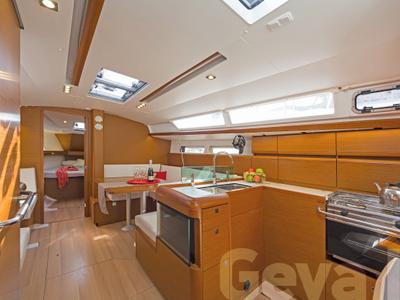 Galley of Geva I, a Jeanneau Sun Odyssey 419 sailboat at Municipal Unit of Rhodes, Greece