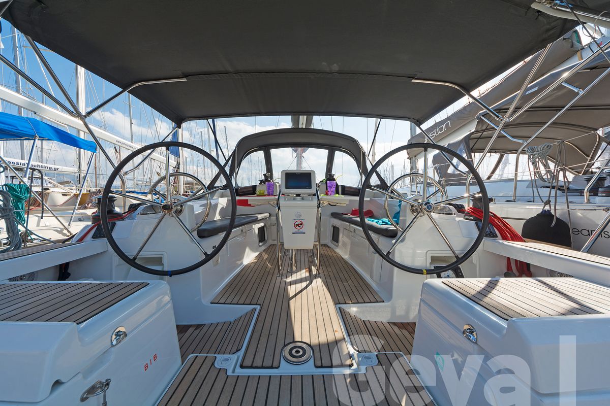 Cockpit of Geva I, a Jeanneau Sun Odyssey 419 sailboat at Municipal Unit of Rhodes, Greece