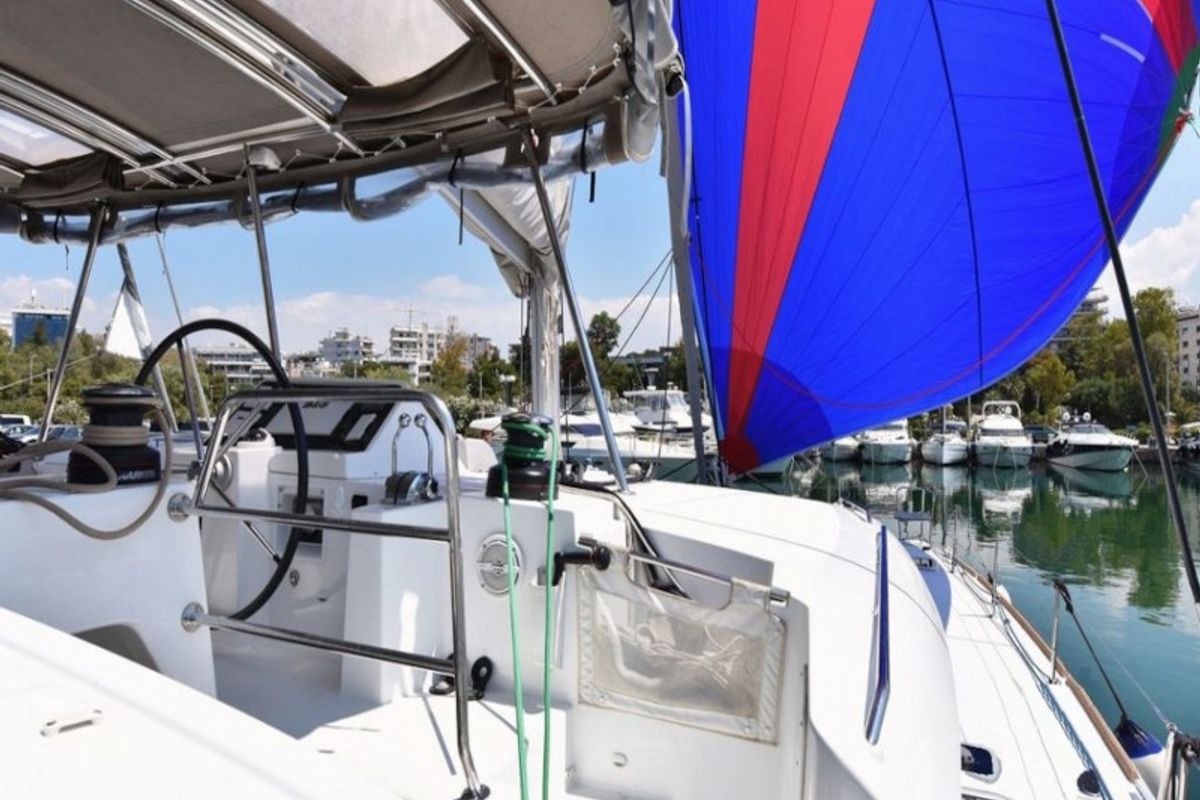 Deck of Omiros II, a Lagoon 450 Fly catamaran at Athens, Greece