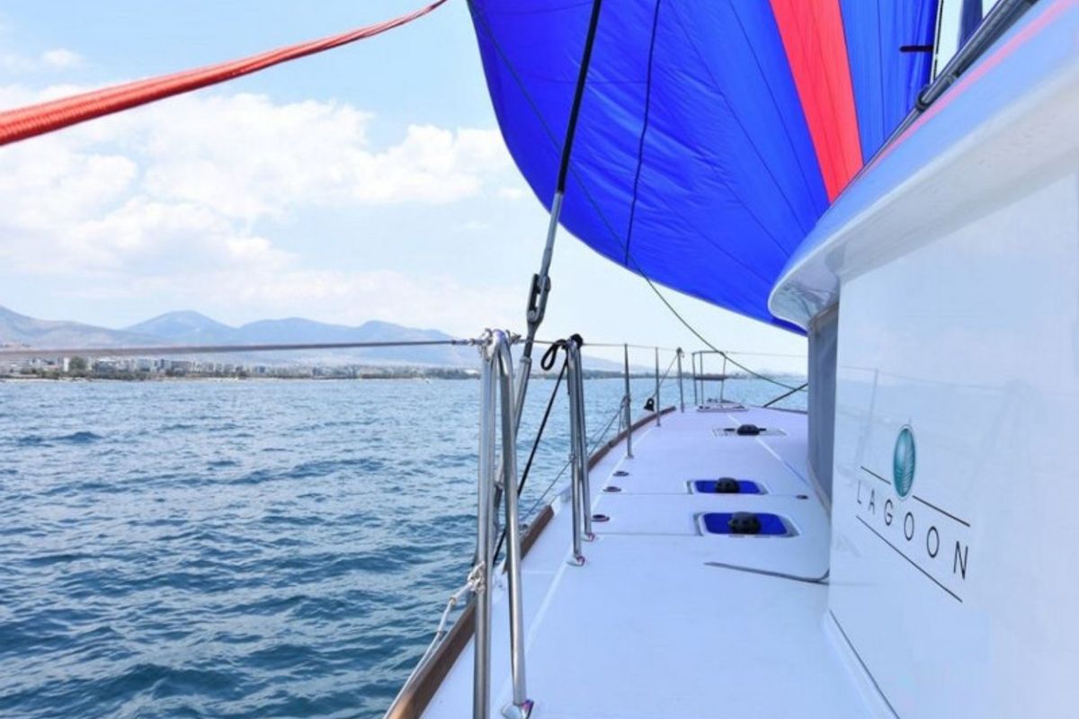 Deck of Omiros II, a Lagoon 450 Fly catamaran at Athens, Greece