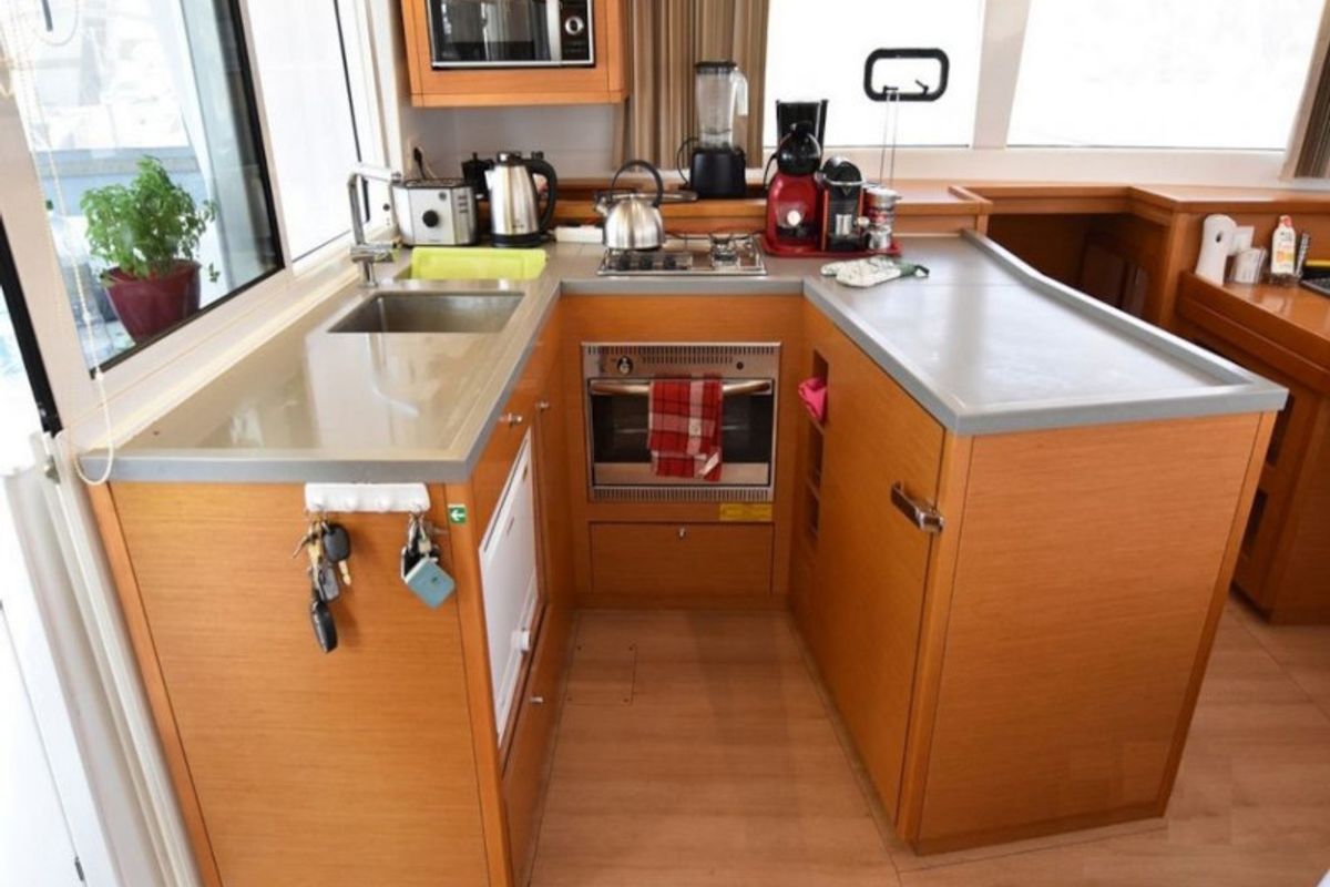 Galley of Omiros II, a Lagoon 450 Fly catamaran at Athens, Greece