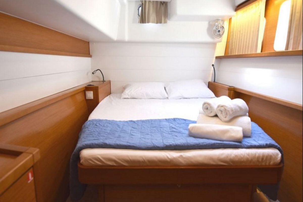 Cabin on Omiros II, a Lagoon 450 Fly catamaran at Athens, Greece