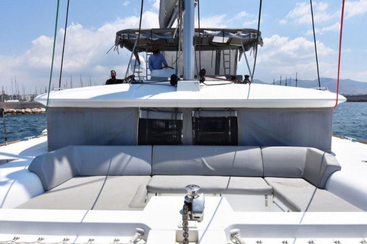 Deck of Omiros II, a Lagoon 450 Fly catamaran at Athens, Greece