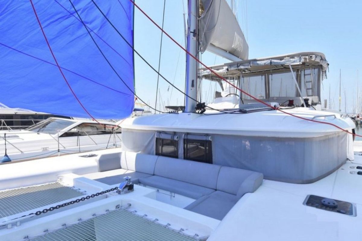 Deck of Omiros II, a Lagoon 450 Fly catamaran at Athens, Greece