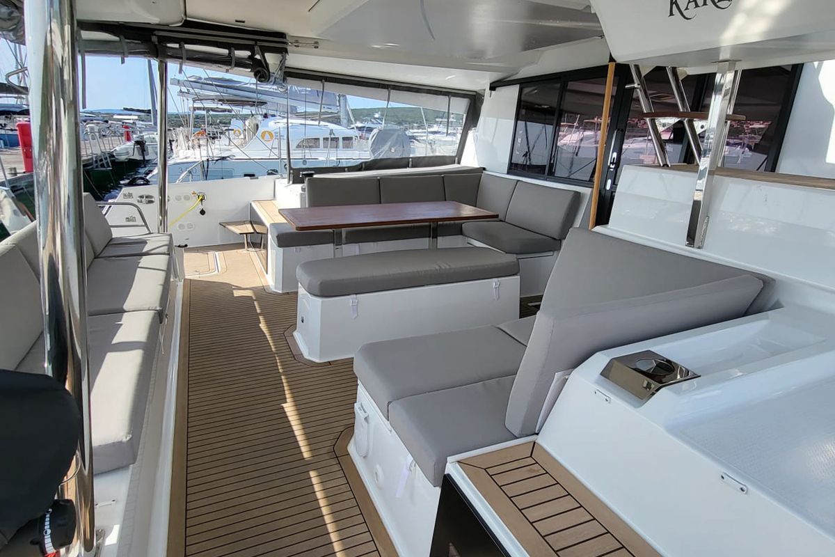 Deck of Balu, a Fountaine Pajot Elba 45 catamaran at Grad Biograd na Moru, Croatia