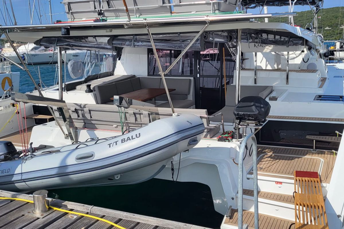 Deck of Balu, a Fountaine Pajot Elba 45 catamaran at Grad Biograd na Moru, Croatia
