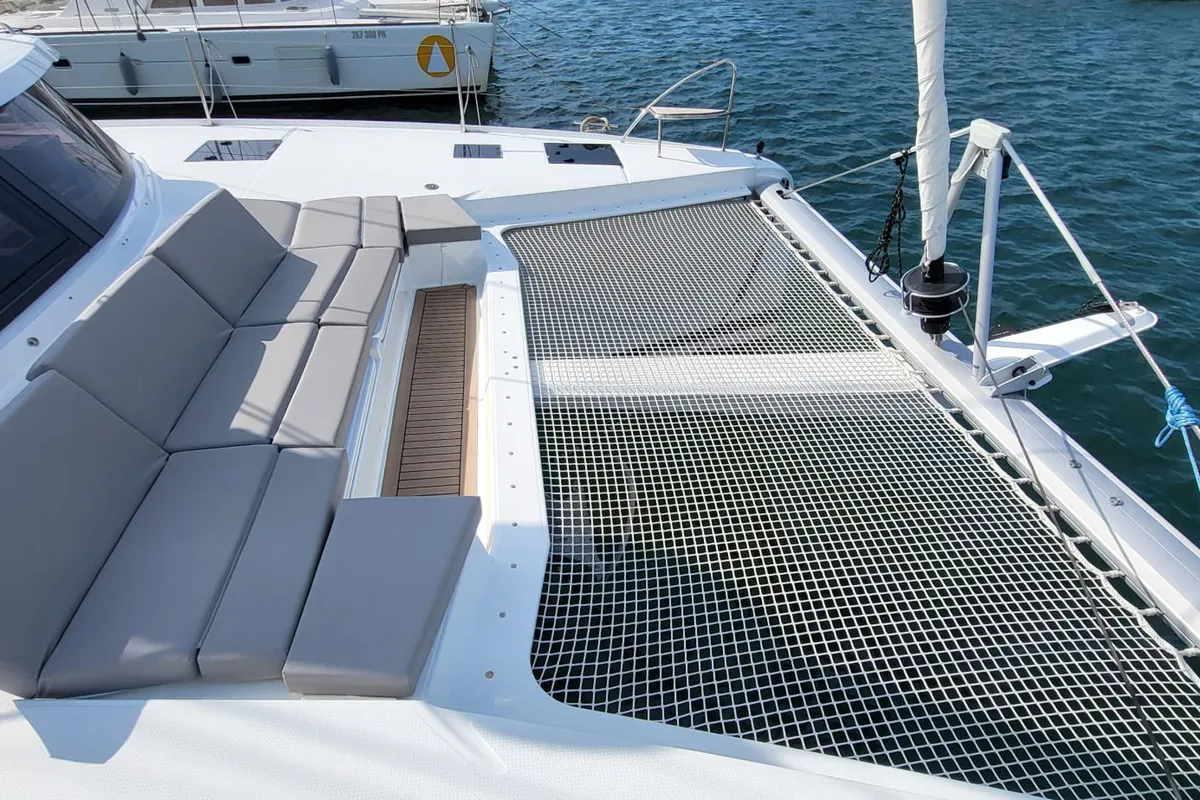 Deck of Balu, a Fountaine Pajot Elba 45 catamaran at Grad Biograd na Moru, Croatia