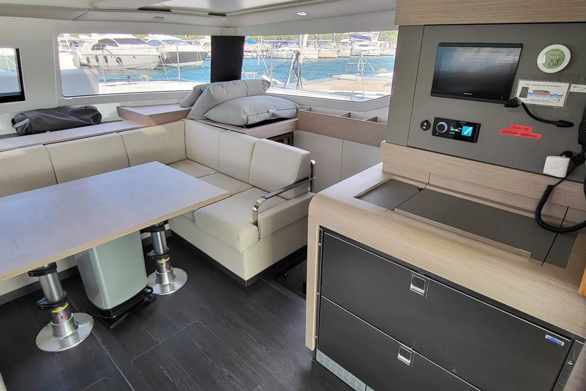 Salon of Balu, a Fountaine Pajot Elba 45 catamaran at Grad Biograd na Moru, Croatia