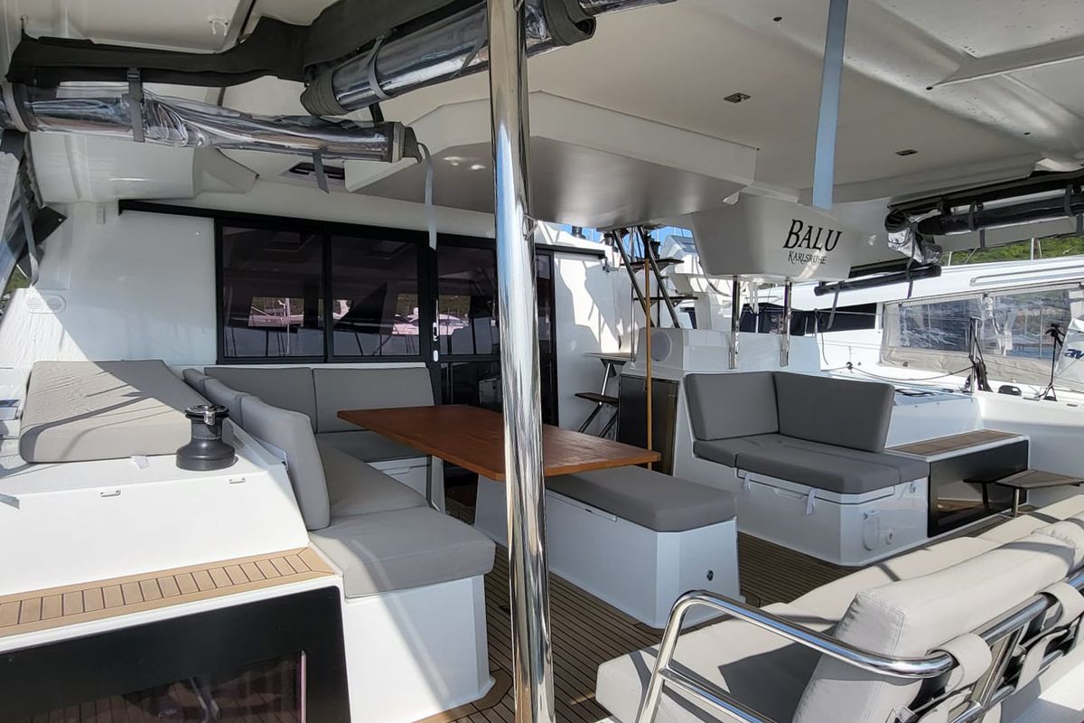 Deck of Balu, a Fountaine Pajot Elba 45 catamaran at Grad Biograd na Moru, Croatia