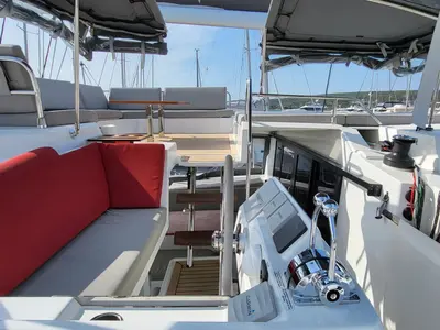 Cockpit of Balu, a Fountaine Pajot Elba 45 catamaran at Grad Biograd na Moru, Croatia