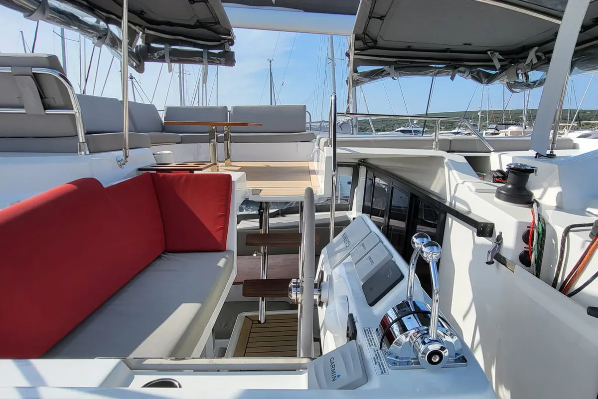 Cockpit of Balu, a Fountaine Pajot Elba 45 catamaran at Grad Biograd na Moru, Croatia