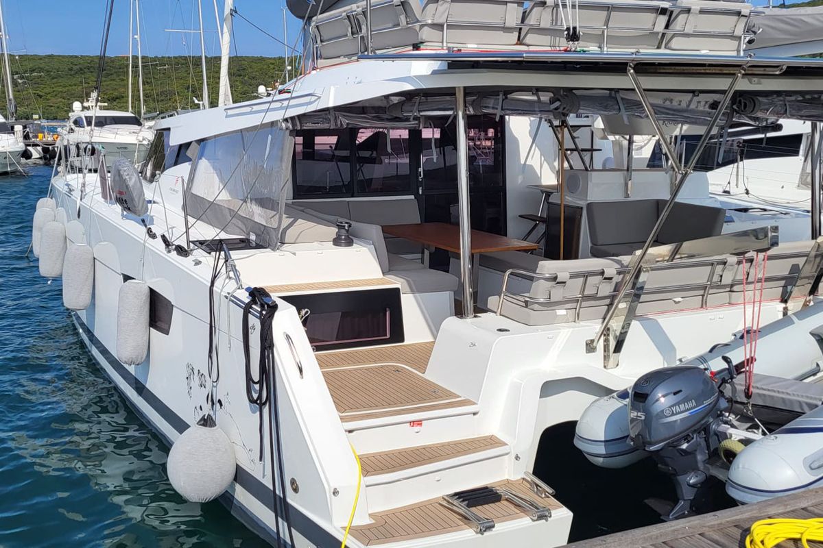 Deck of Balu, a Fountaine Pajot Elba 45 catamaran at Grad Biograd na Moru, Croatia
