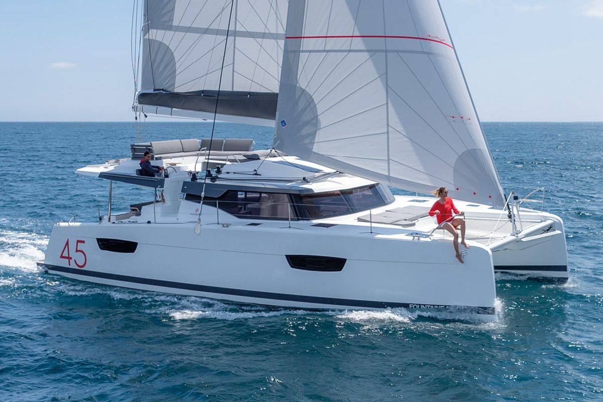 Exterior view of Balu, a Fountaine Pajot Elba 45 catamaran at Grad Biograd na Moru, Croatia