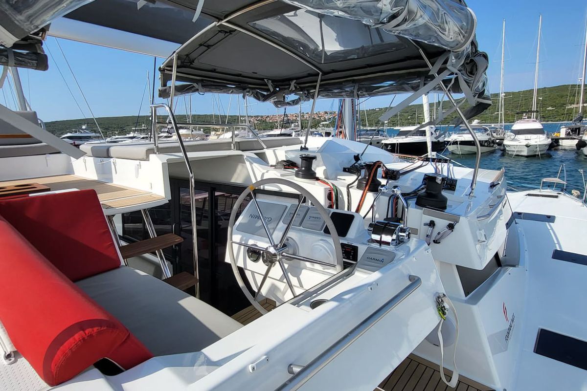 Cockpit of Balu, a Fountaine Pajot Elba 45 catamaran at Grad Biograd na Moru, Croatia