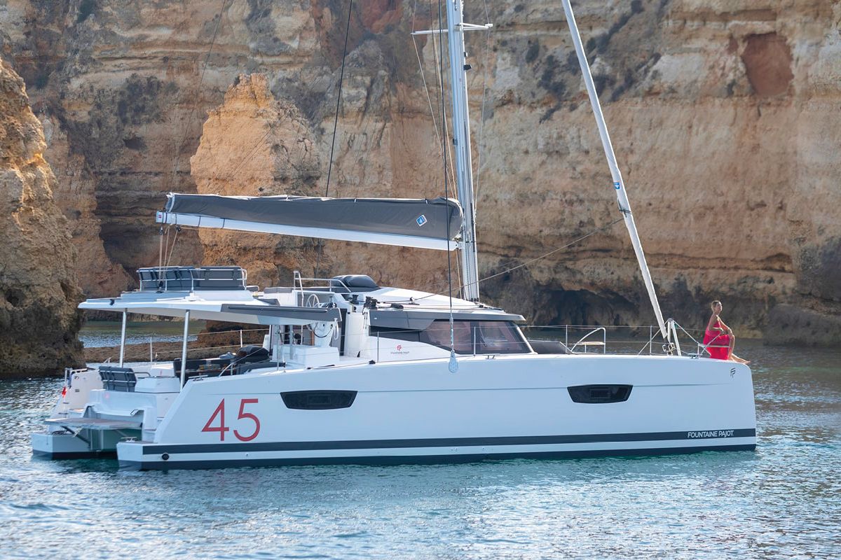 Exterior view of Balu, a Fountaine Pajot Elba 45 catamaran at Grad Biograd na Moru, Croatia