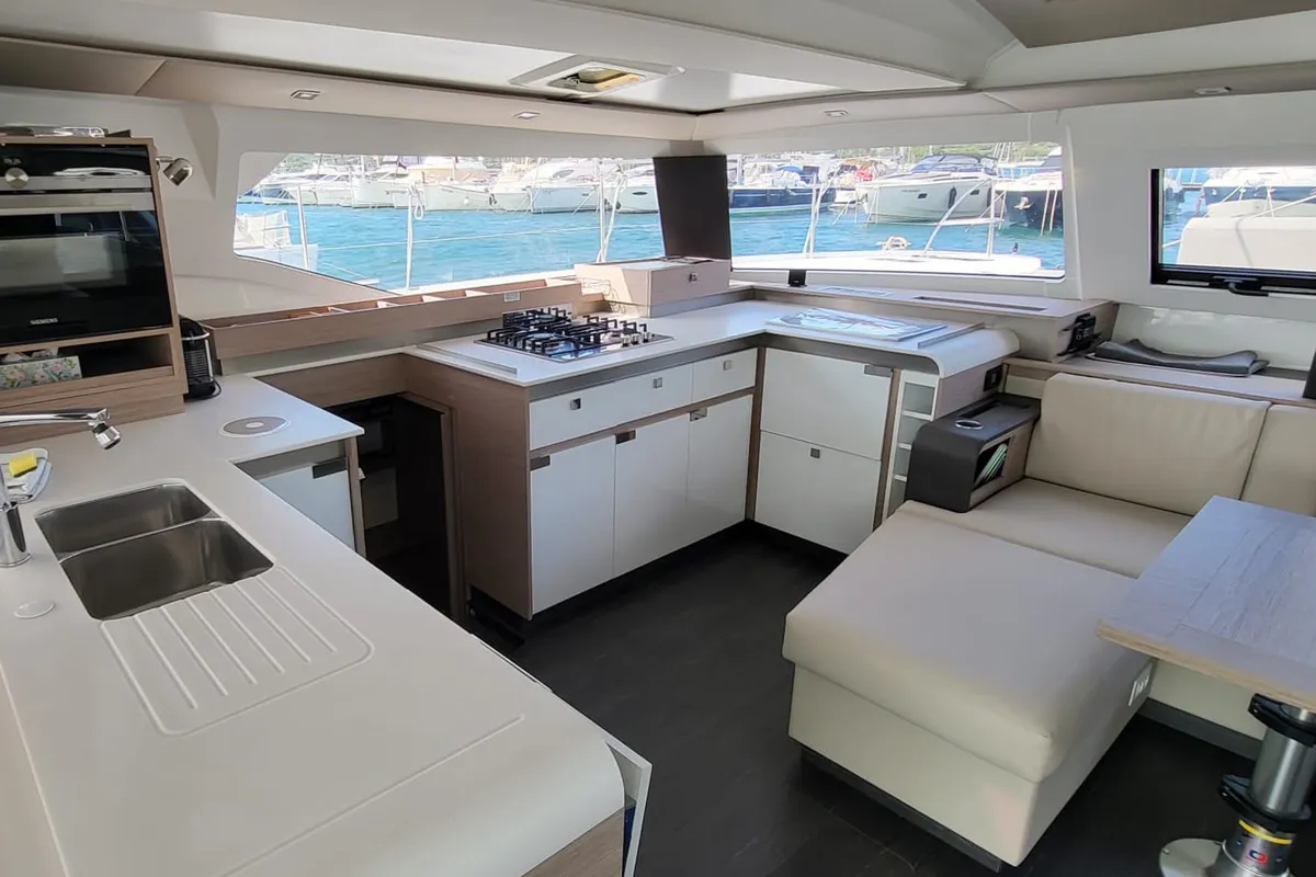 Galley of Balu, a Fountaine Pajot Elba 45 catamaran at Grad Biograd na Moru, Croatia