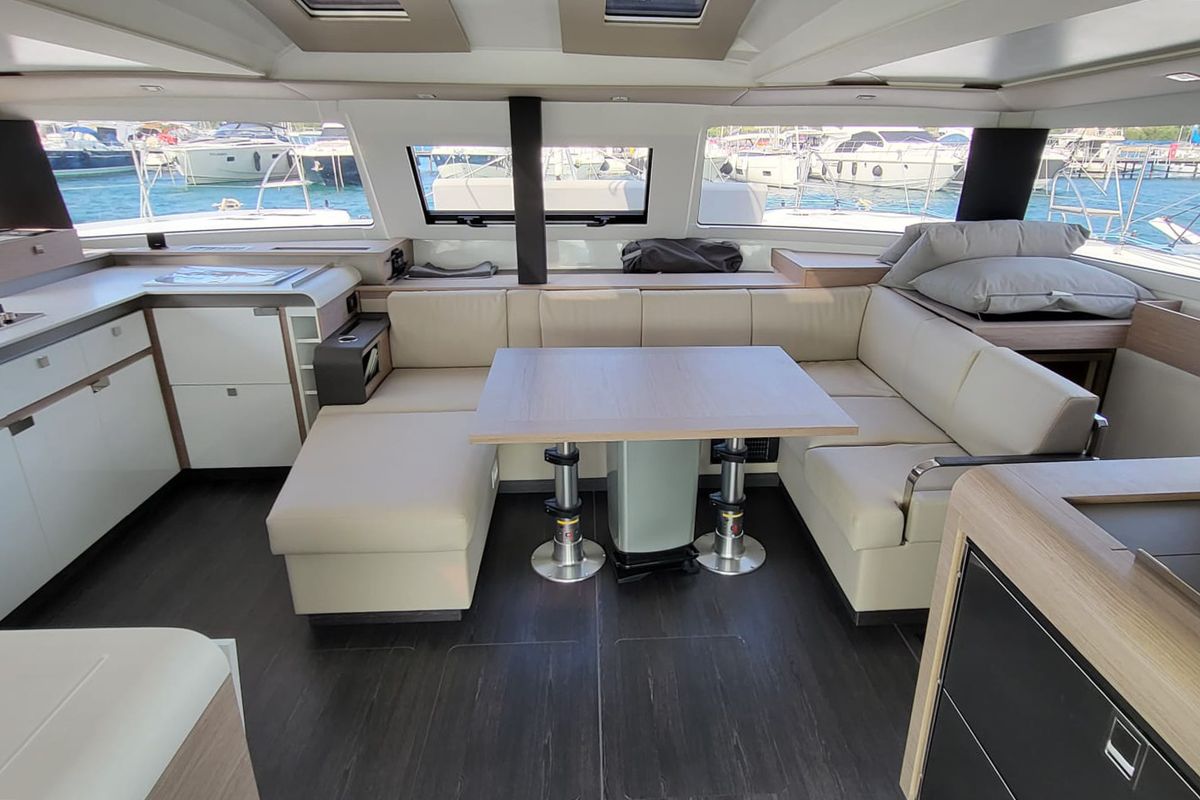 Salon of Balu, a Fountaine Pajot Elba 45 catamaran at Grad Biograd na Moru, Croatia