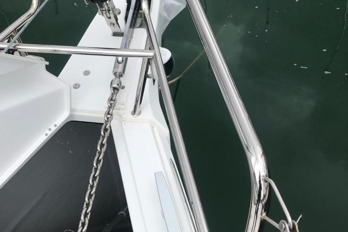Deck of Alboran Limoncello (Majorca), a Jeanneau Sun Odyssey 419 sailboat at es Jonquet, Spain