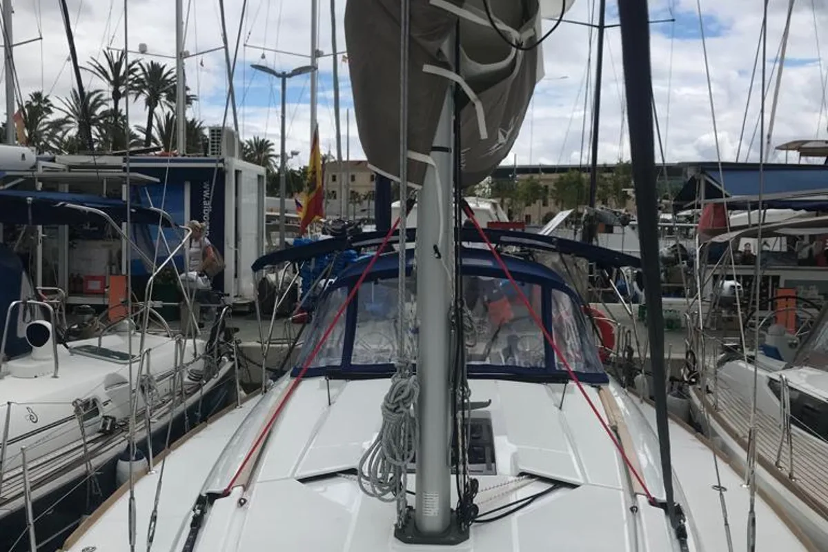 Deck of Alboran Limoncello (Majorca), a Jeanneau Sun Odyssey 419 sailboat at es Jonquet, Spain