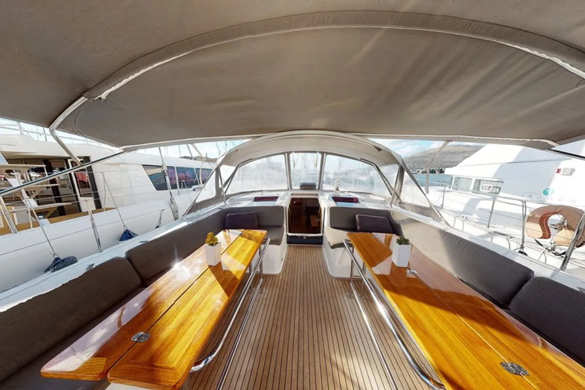 Deck of Air King, a Hanse Yachts Hanse 548 sailboat at Grad Trogir, Croatia