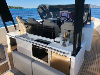 Cockpit of Bliss, a De Antonio Yachts De Antonio D42 motorboat at Lavreotiki Municipal Unit, Greece