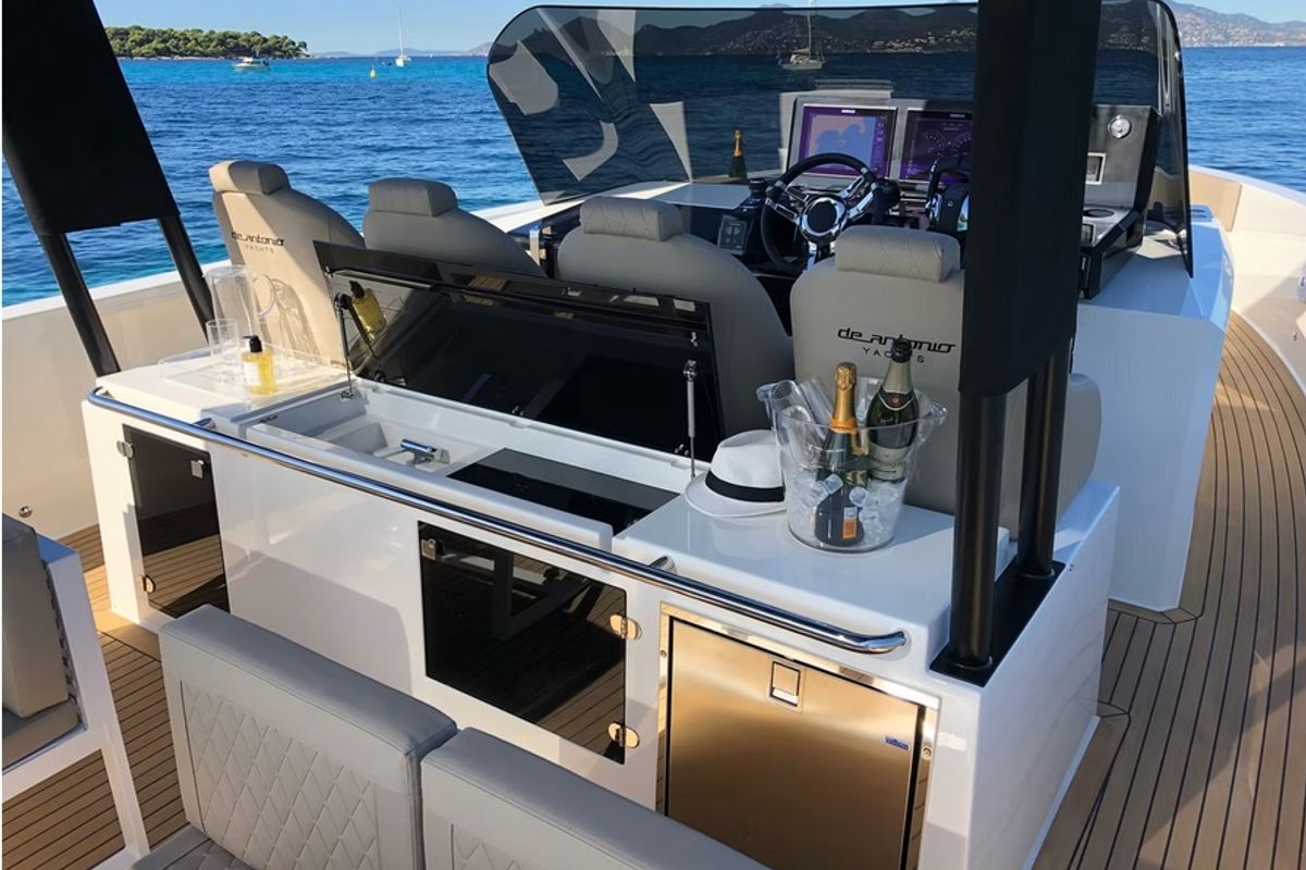 Cockpit of Bliss, a De Antonio Yachts De Antonio D42 motorboat at Lavreotiki Municipal Unit, Greece