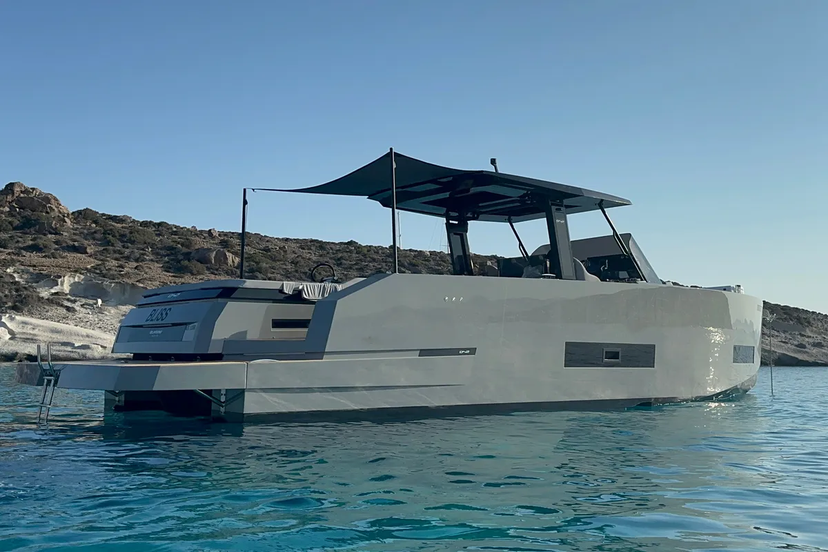 Exterior view of Bliss, a De Antonio Yachts De Antonio D42 motorboat at Lavreotiki Municipal Unit, Greece