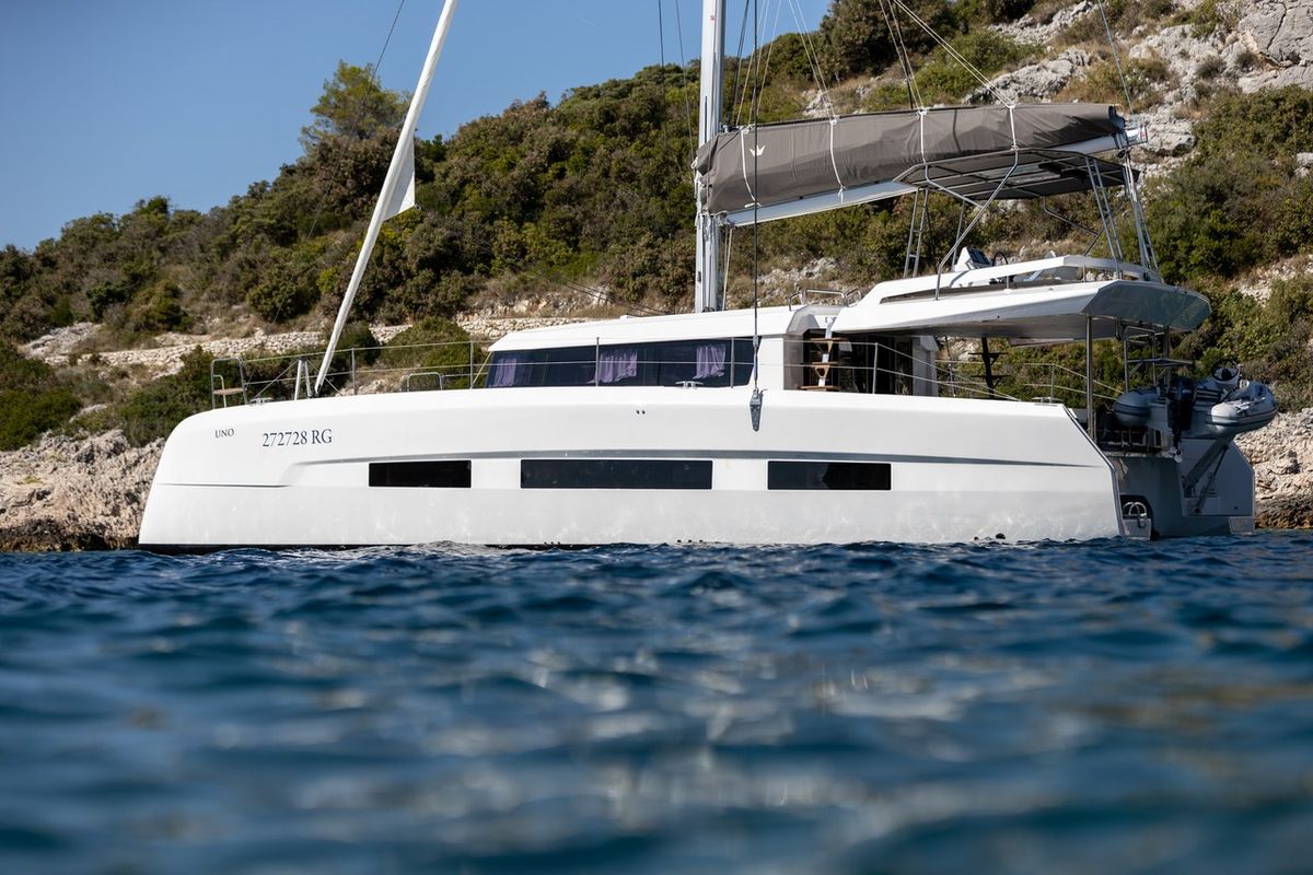 Exterior view of Clo, a Dufour 48 Catamaran catamaran at Primošten, Croatia