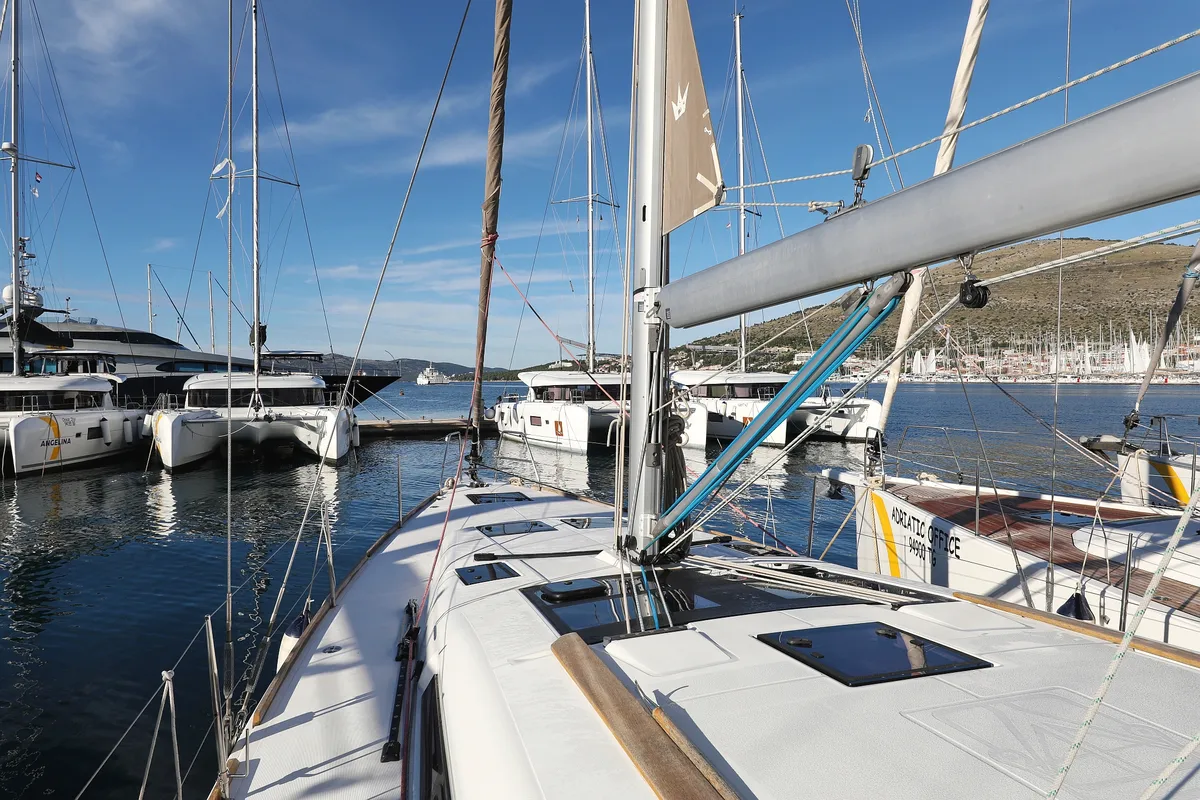 Exterior view of Horido, a Dufour 460 GL sailboat at Grad Trogir, Croatia