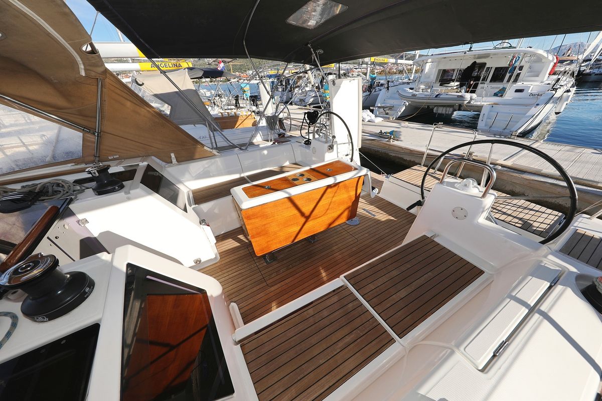 Cockpit of Horido, a Dufour 460 GL sailboat at Grad Trogir, Croatia