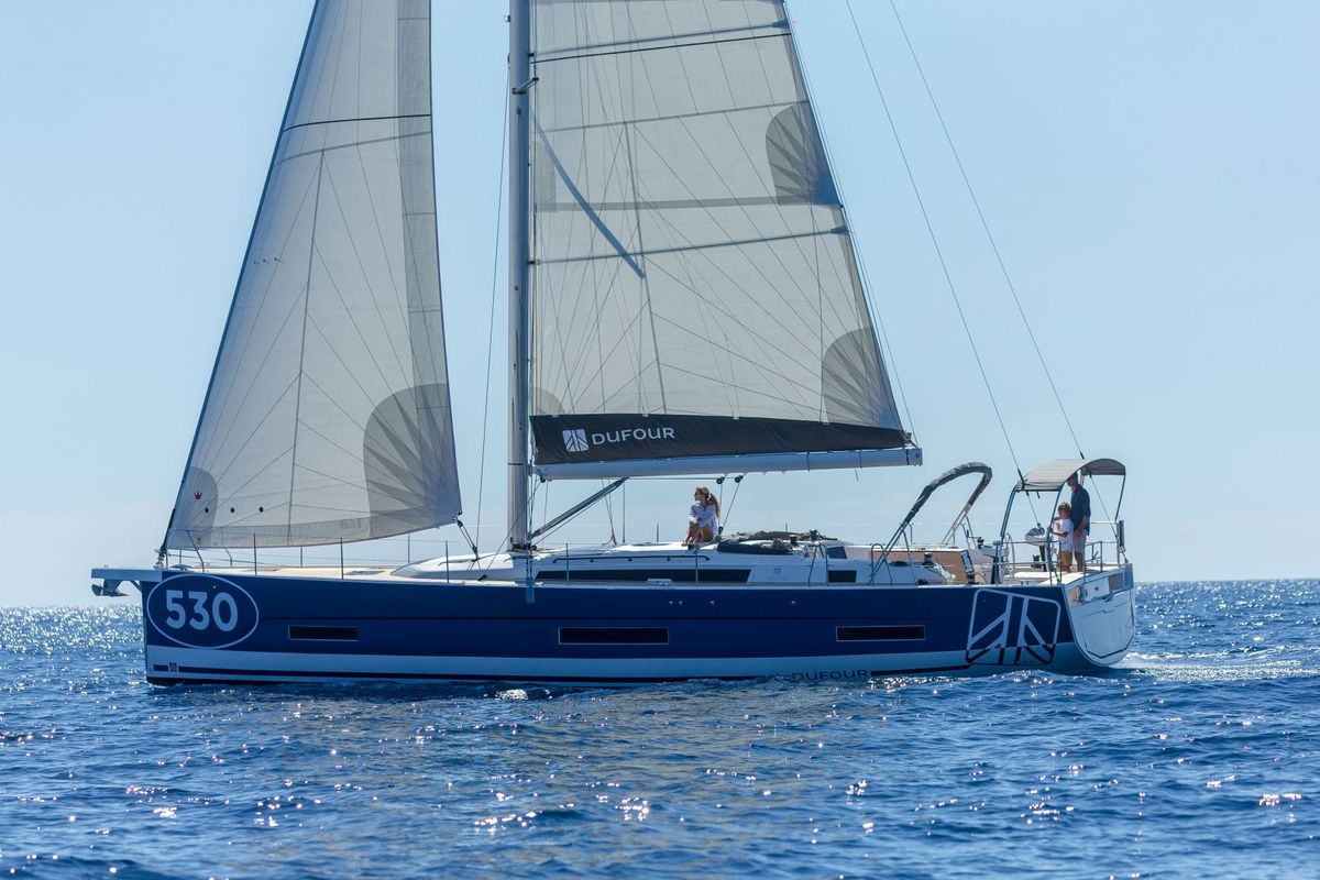 Exterior view of Ionian Blue, a Dufour 530 sailboat at Preveza, Greece