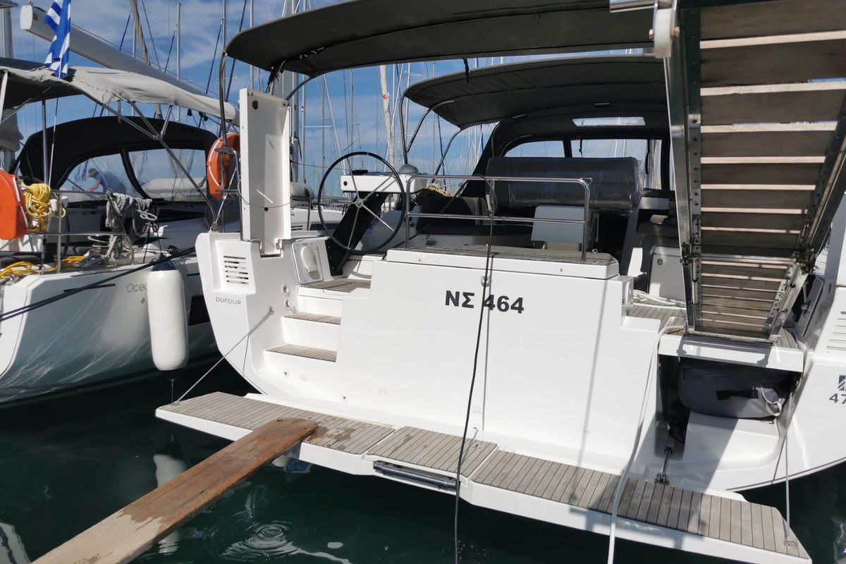 Deck of Aruba, a Dufour 470 sailboat at Athens, Greece
