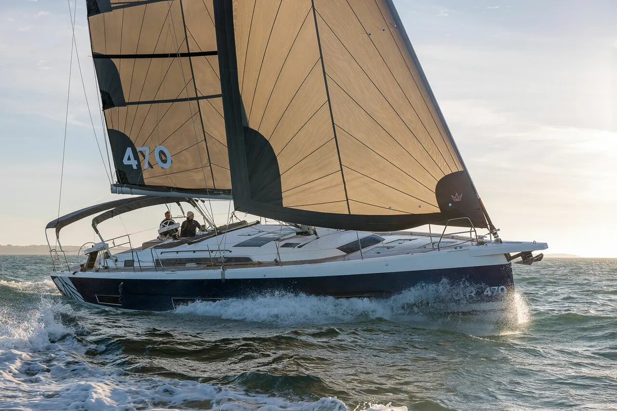 Exterior view of Aruba, a Dufour 470 sailboat at Athens, Greece