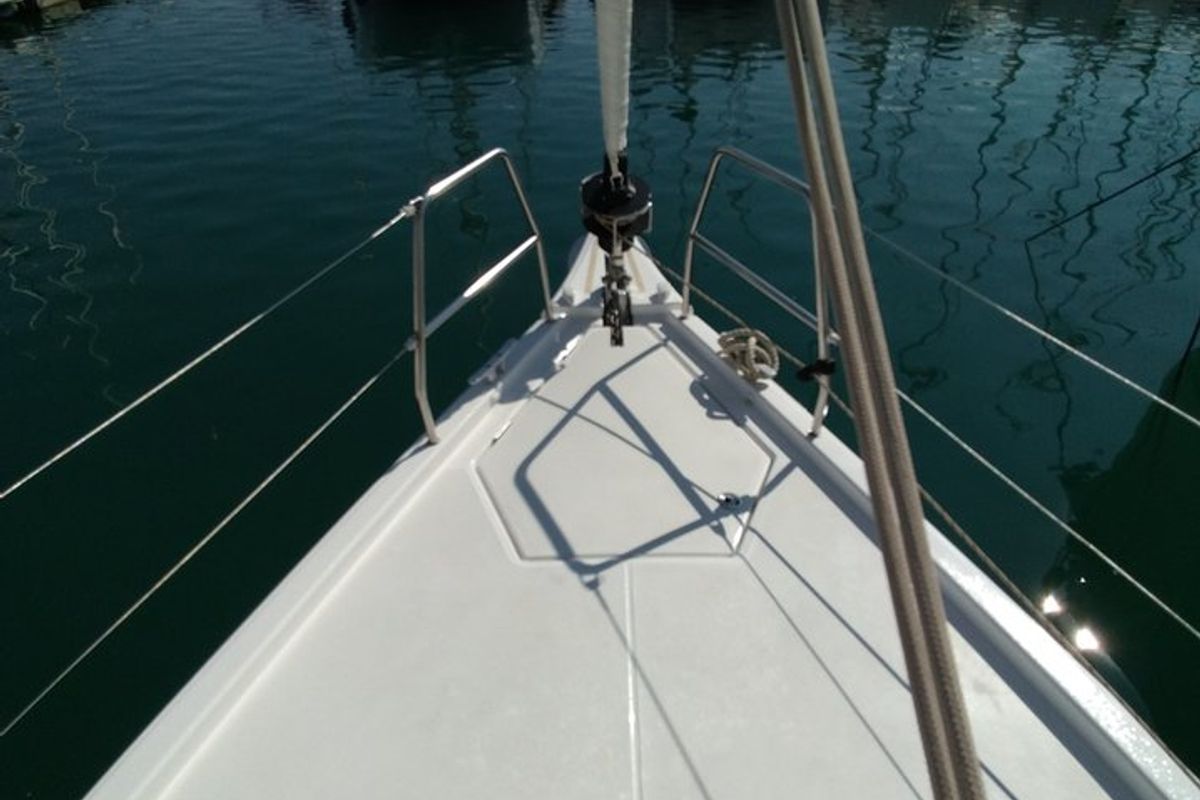 Deck of Triumph, a Dufour 430 sailboat at Kontokali, Greece