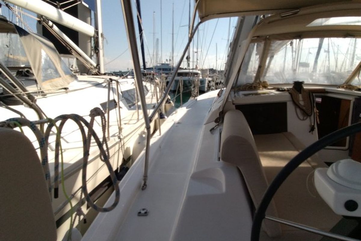 Deck of Triumph, a Dufour 430 sailboat at Kontokali, Greece