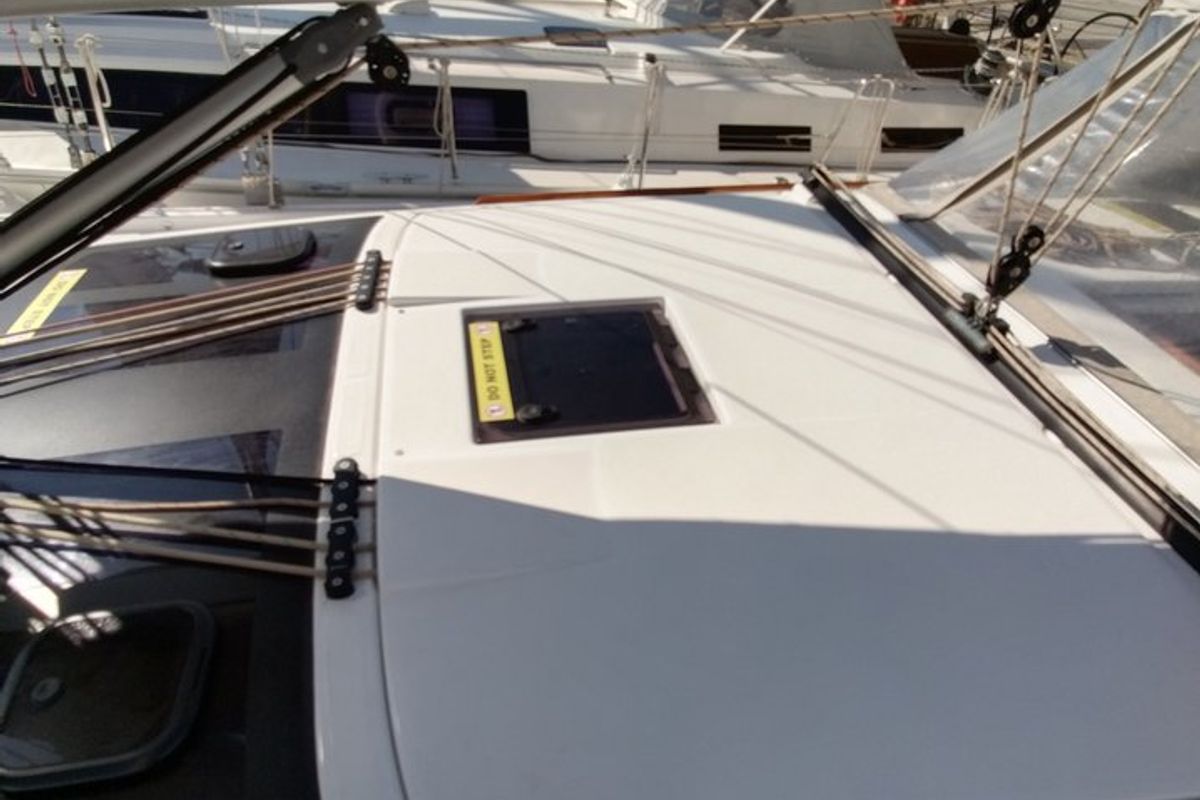 Deck of Triumph, a Dufour 430 sailboat at Kontokali, Greece