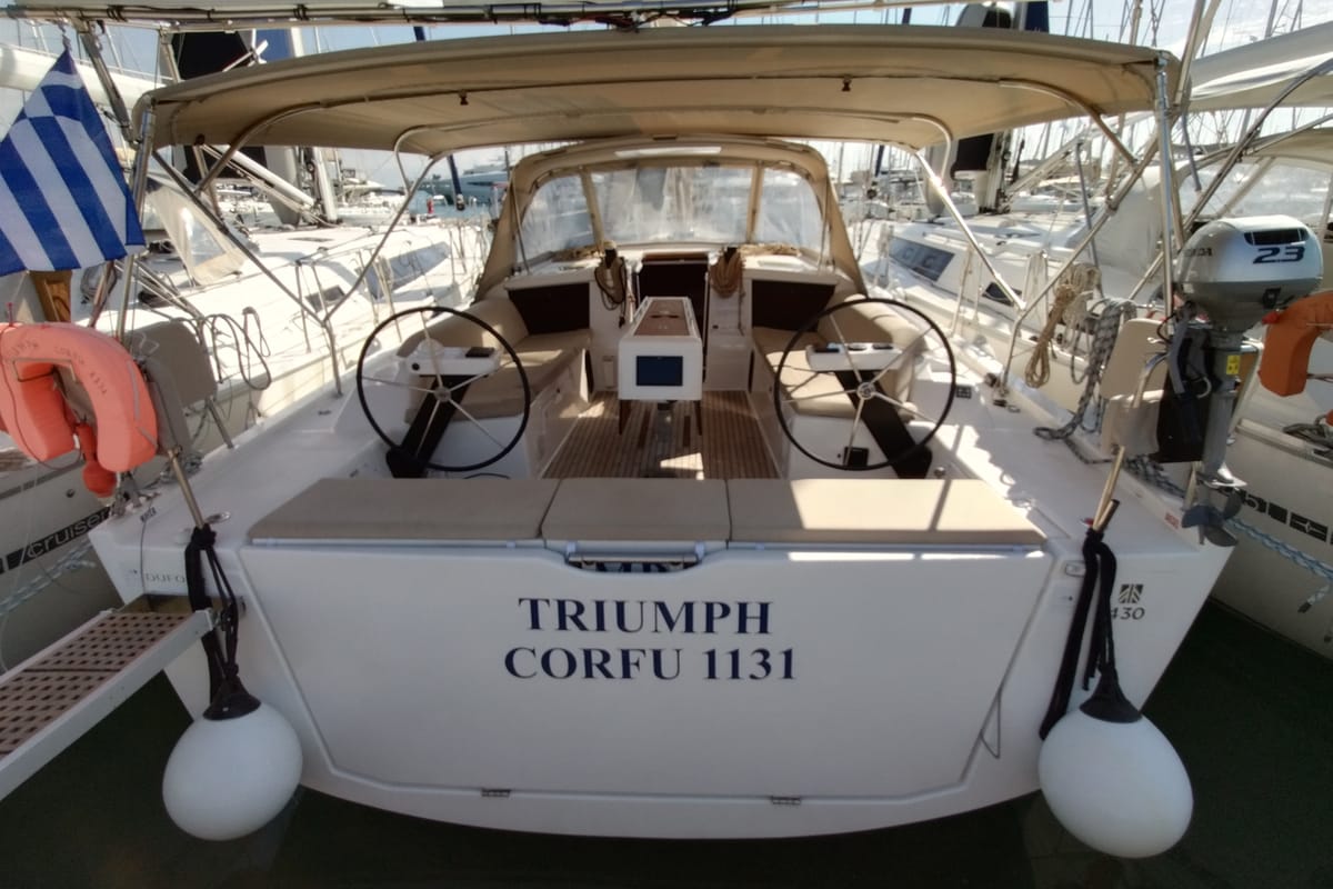 Exterior view of Triumph, a Dufour 430 sailboat at Kontokali, Greece
