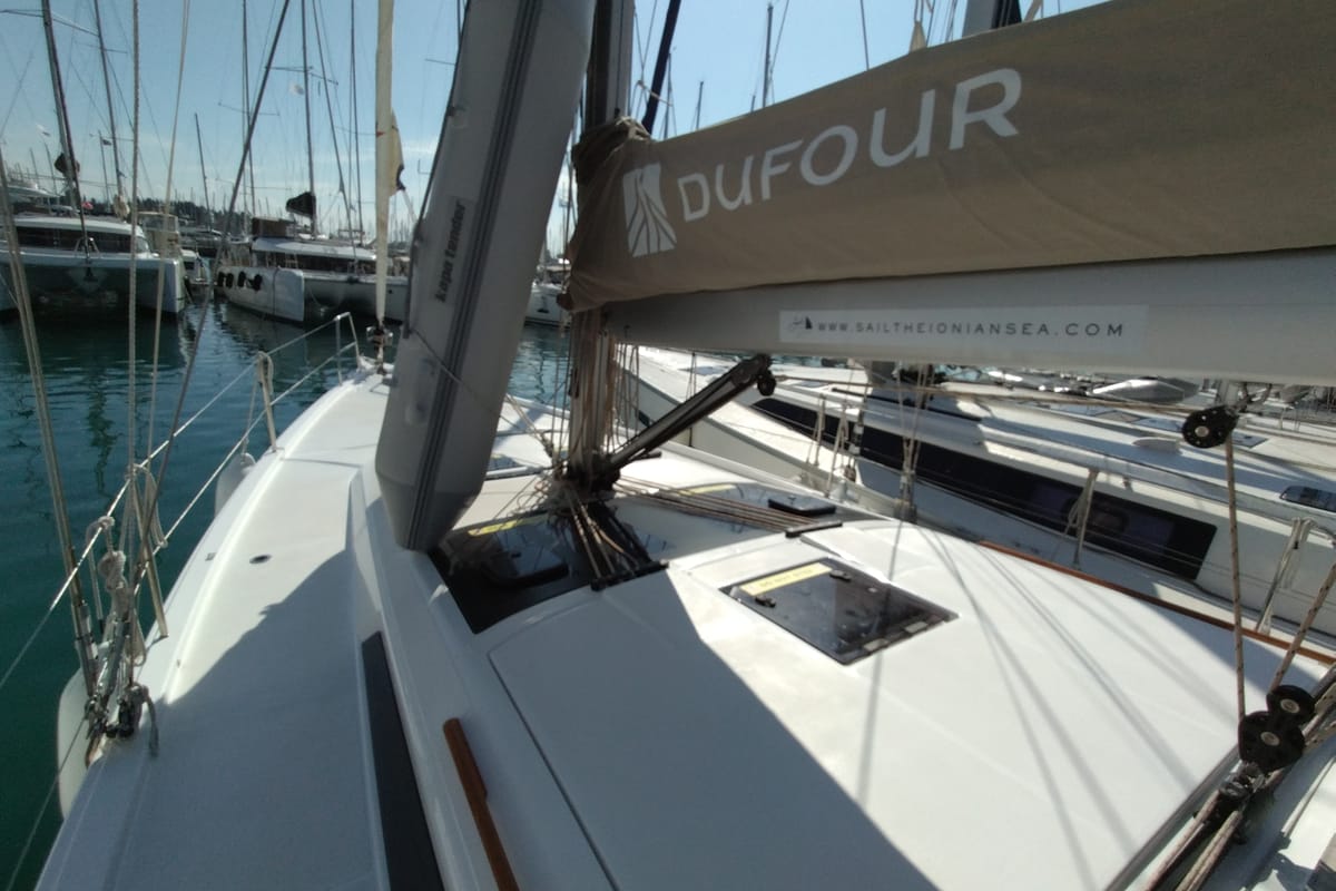 Deck of Triumph, a Dufour 430 sailboat at Kontokali, Greece